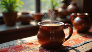 A steaming mug of tea sits on a rustic wooden table, bathed in soft morning light and surrounded by clay pots and green plants. The peaceful, slow-living scene captures the essence of a digital detox — a quiet moment of mindfulness, warmth, and calm away from screens.